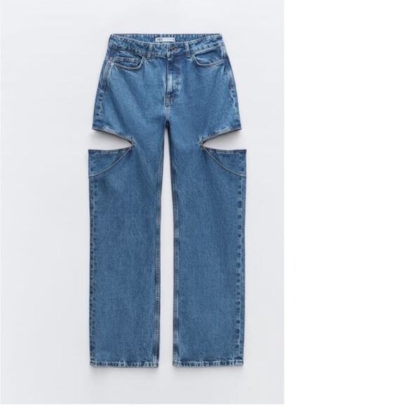 Zara Mid-Waist Straight Leg Cut Out Jewel Jeans in Blue - Picture 1 of 15